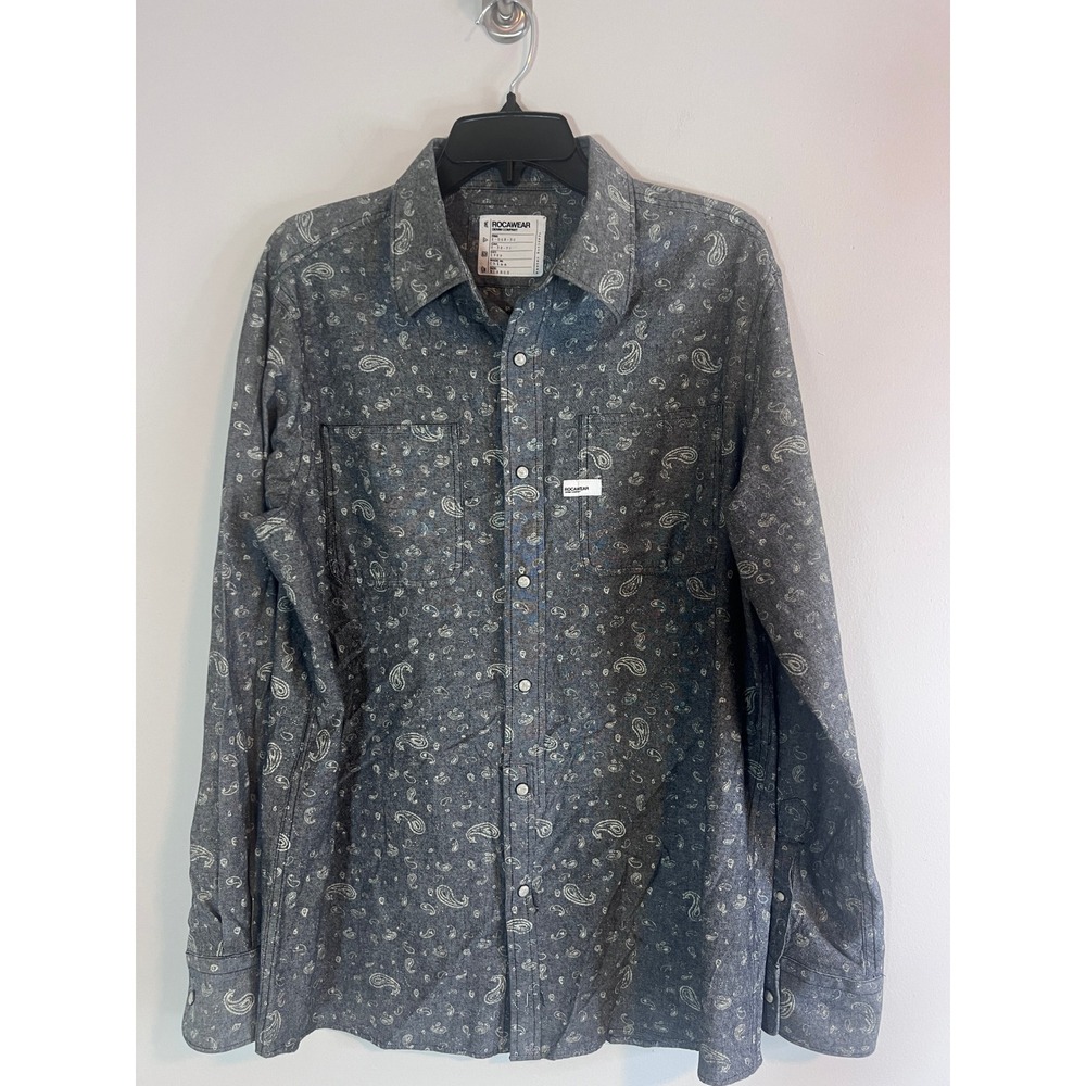 Rocawear Mens XL Gray Paisley Denim Button Down Shirt Long Sleeve Streetwear